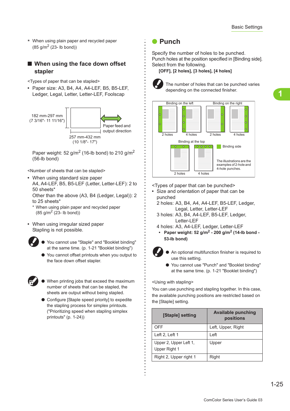 P. 1-25, Punch, When using the face down offset stapler | Pitney Bowes RISO ComColor Printer User Manual | Page 65 / 196