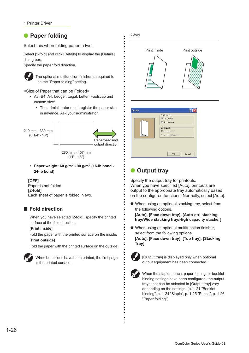 P. 1-26, Paper folding, Output tray | Paper folding" (p. 1-26), Fold direction | Pitney Bowes RISO ComColor Printer User Manual | Page 66 / 196