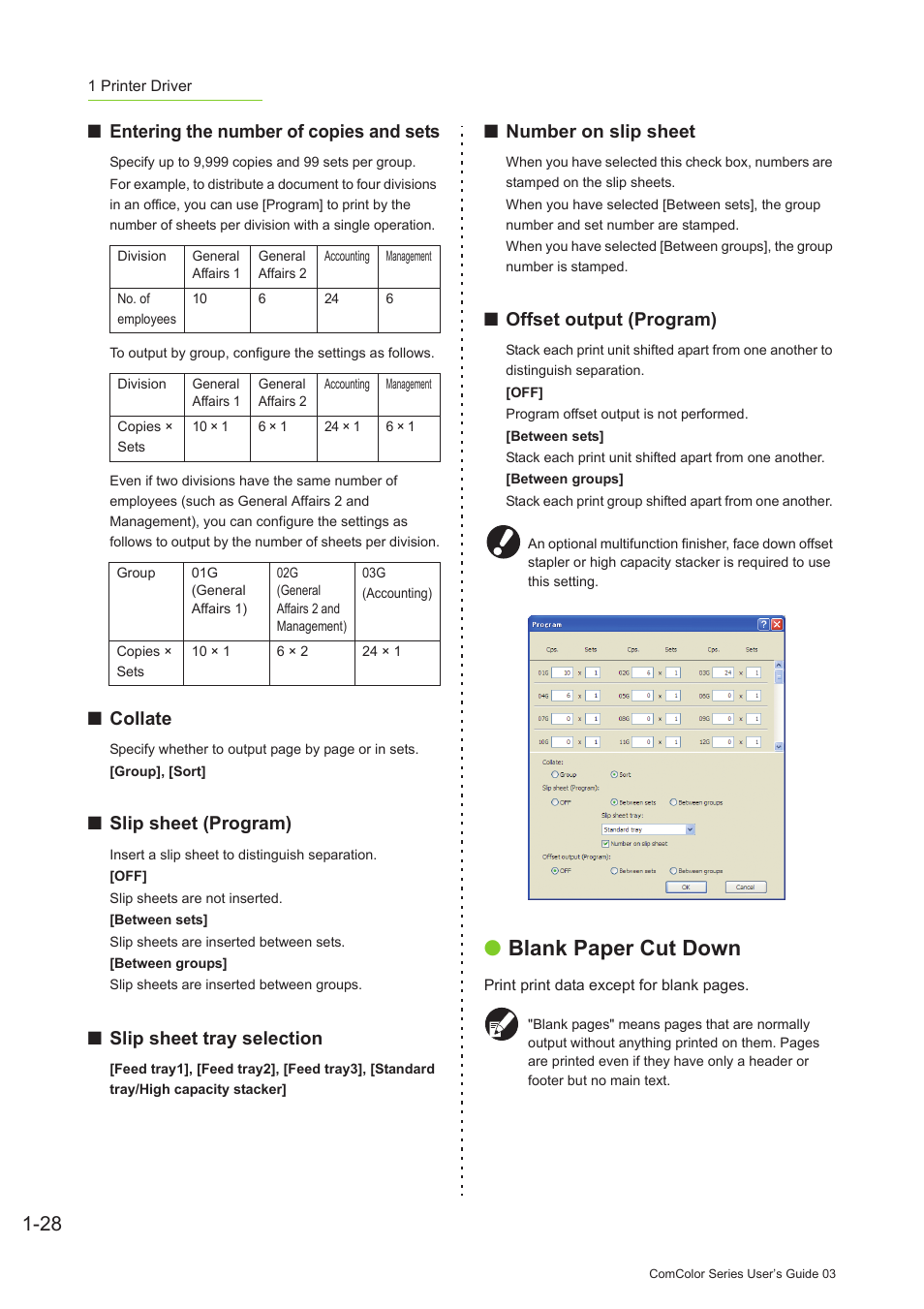 P. 1-28, Blank paper cut down, Entering the number of copies and sets | Collate, Slip sheet (program), Slip sheet tray selection, Number on slip sheet, Offset output (program) | Pitney Bowes RISO ComColor Printer User Manual | Page 68 / 196