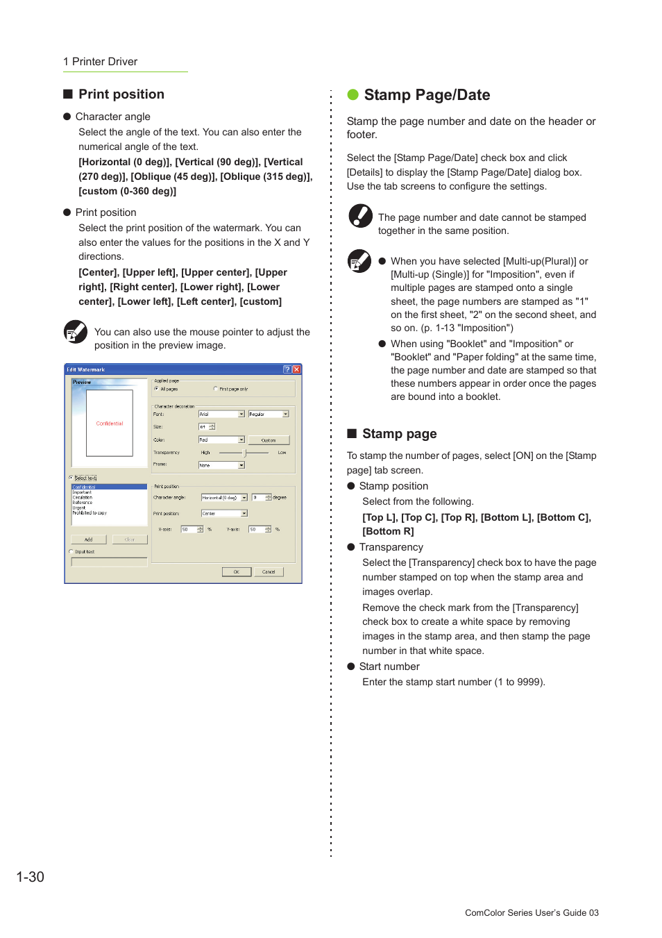 P. 1-30, Stamp page/date, Print position | Stamp page | Pitney Bowes RISO ComColor Printer User Manual | Page 70 / 196