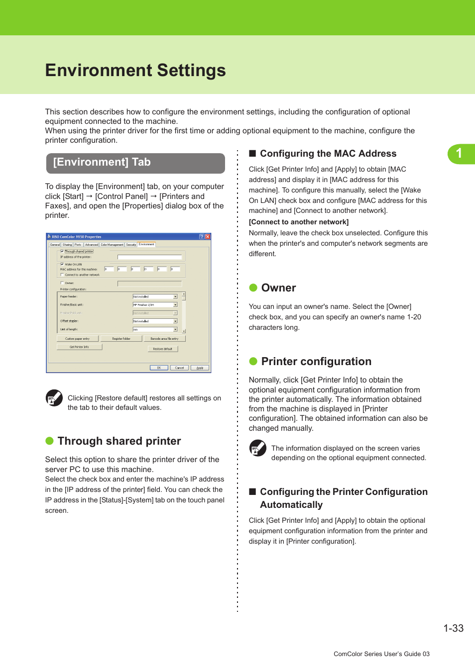 Environment settings, Environment] tab, Environment settings -33 | Environment] tab -33, P. 1-33 "[environment] tab") | Pitney Bowes RISO ComColor Printer User Manual | Page 73 / 196