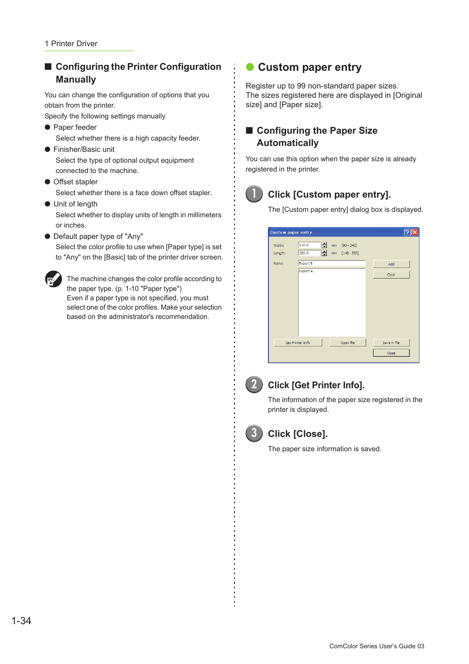 P. 1-34 "custom paper entry"), Custom paper entry | Pitney Bowes RISO ComColor Printer User Manual | Page 74 / 196