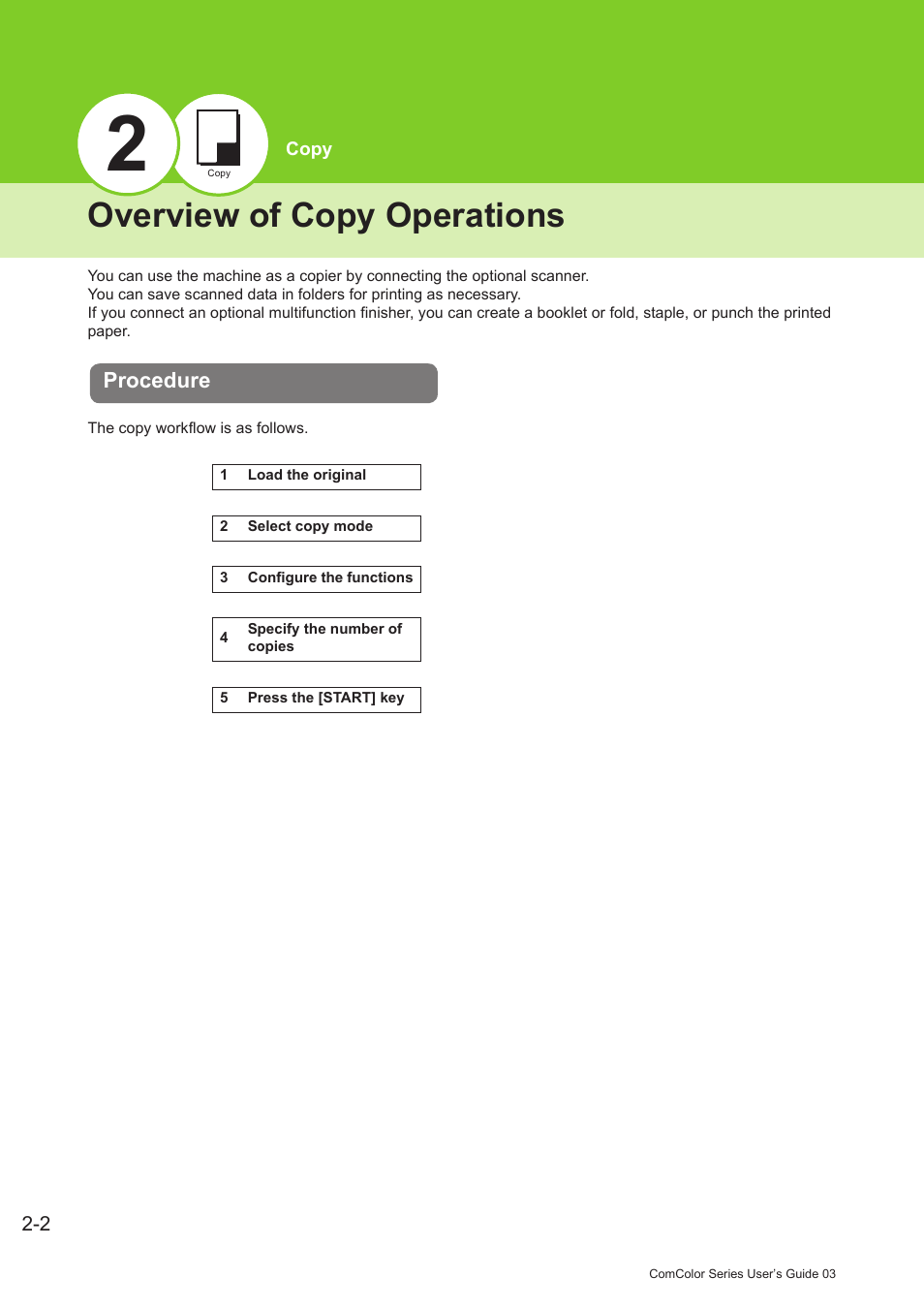 Overview of copy operations, Procedure, Overview of copy operations -2 | Procedure -2 | Pitney Bowes RISO ComColor Printer User Manual | Page 80 / 196