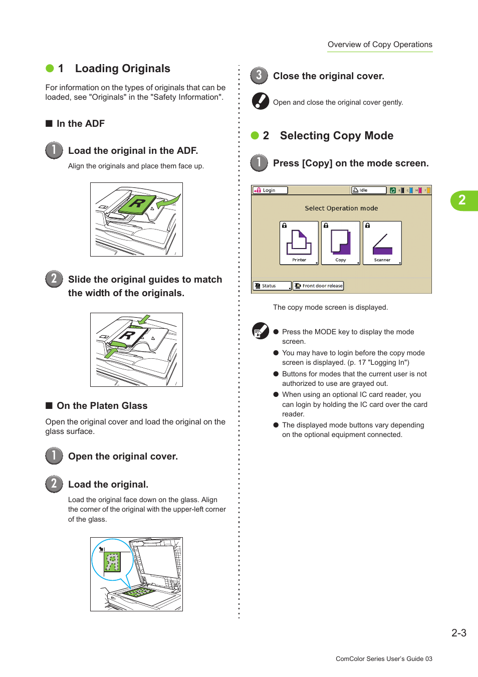 1 loading originals, 2 selecting copy mode | Pitney Bowes RISO ComColor Printer User Manual | Page 81 / 196