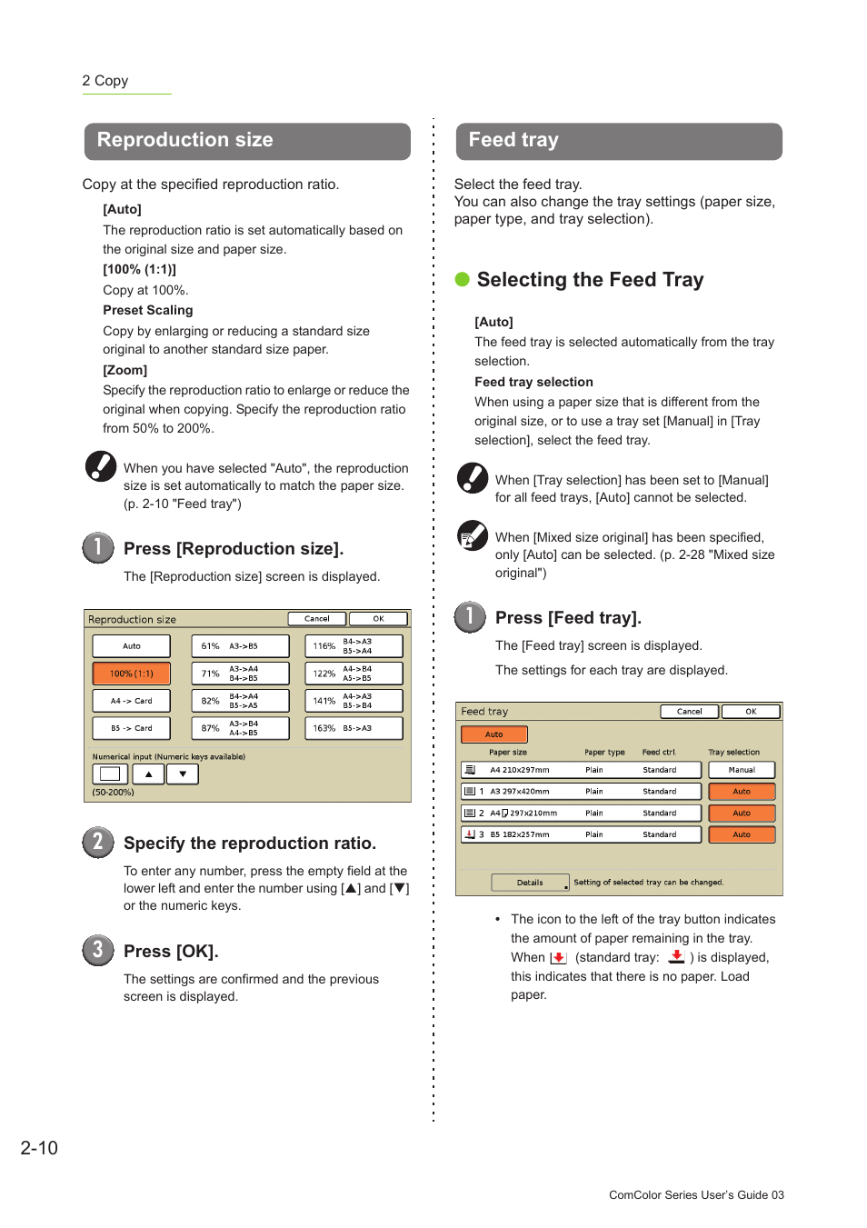 Reproduction size, Feed tray, Reproduction size -10 feed tray -10 | P. 2-10, P. 2-10 "feed tray" in "cop, Selecting the feed tray | Pitney Bowes RISO ComColor Printer User Manual | Page 88 / 196
