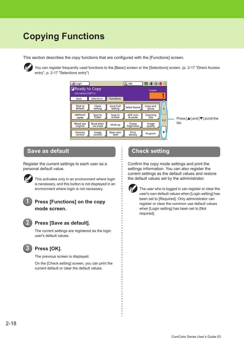 Copying functions, Save as default, Check setting | Copying functions -18, Save as default -18 check setting -18, P. 2-18 | Pitney Bowes RISO ComColor Printer User Manual | Page 96 / 196