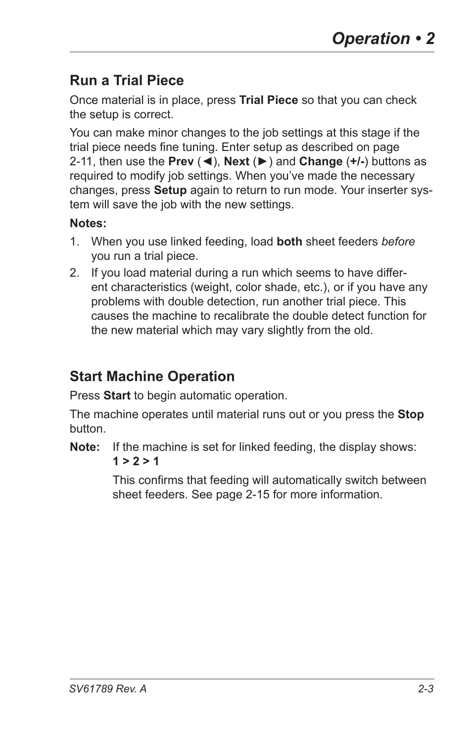 Operation • 2, Run a trial piece, Start machine operation | Pitney Bowes DI380 OfficeRight Systems User Manual | Page 19 / 104
