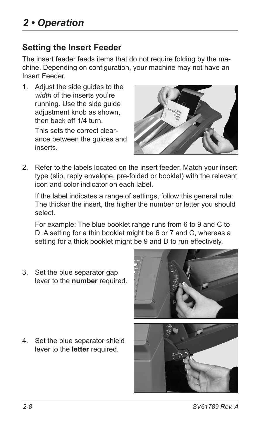 2 • operation, Setting the insert feeder | Pitney Bowes DI380 OfficeRight Systems User Manual | Page 24 / 104