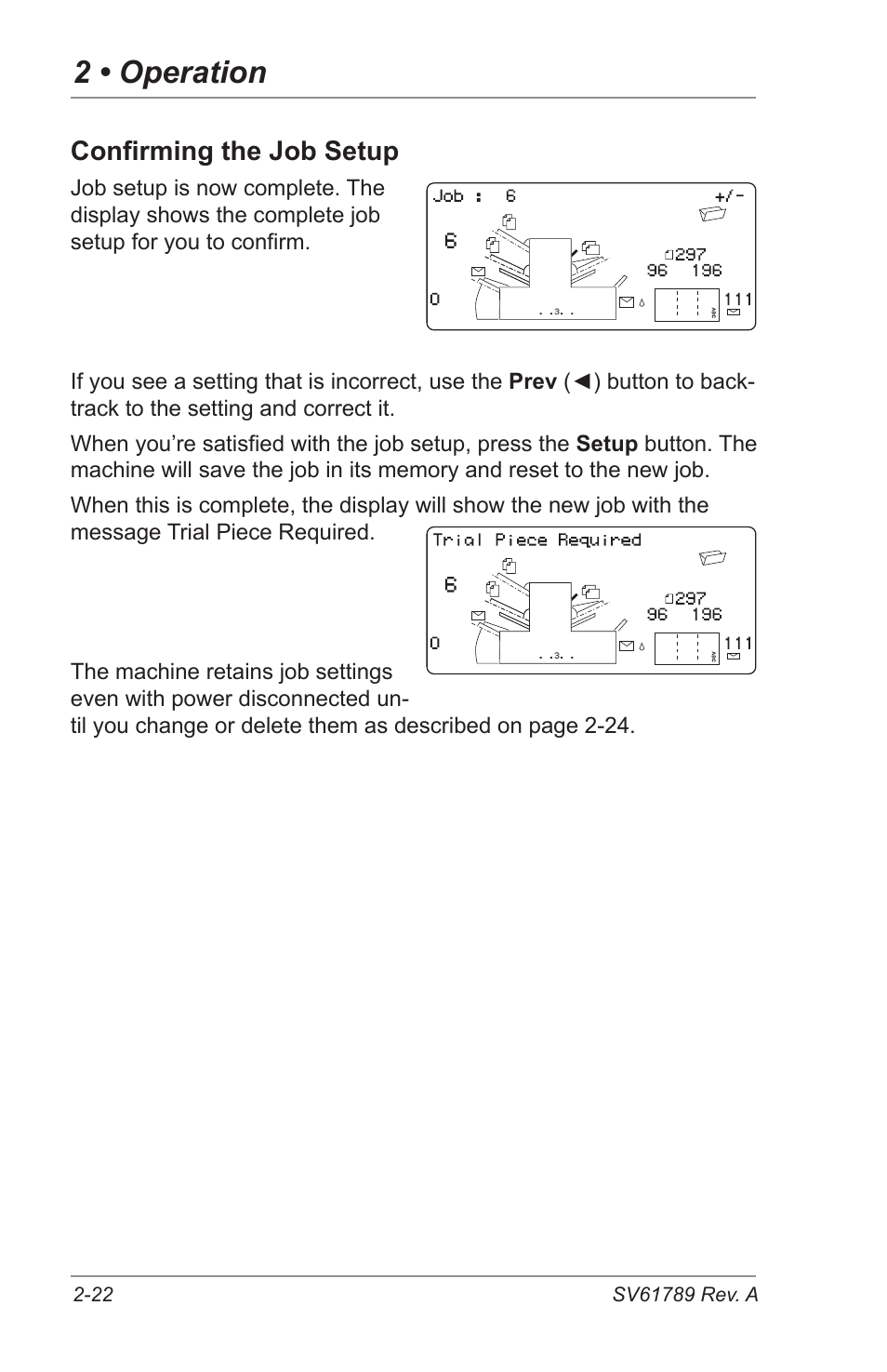 2 • operation, Confirming the job setup | Pitney Bowes DI380 OfficeRight Systems User Manual | Page 38 / 104