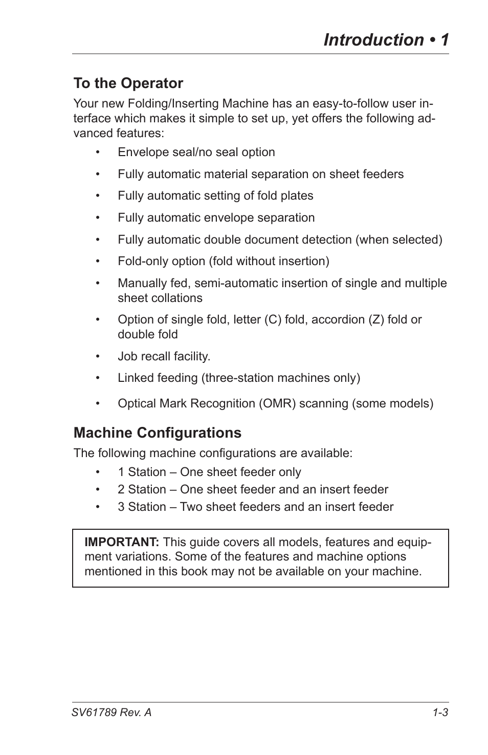 Introduction • 1, Machine configurations | Pitney Bowes DI380 OfficeRight Systems User Manual | Page 9 / 104