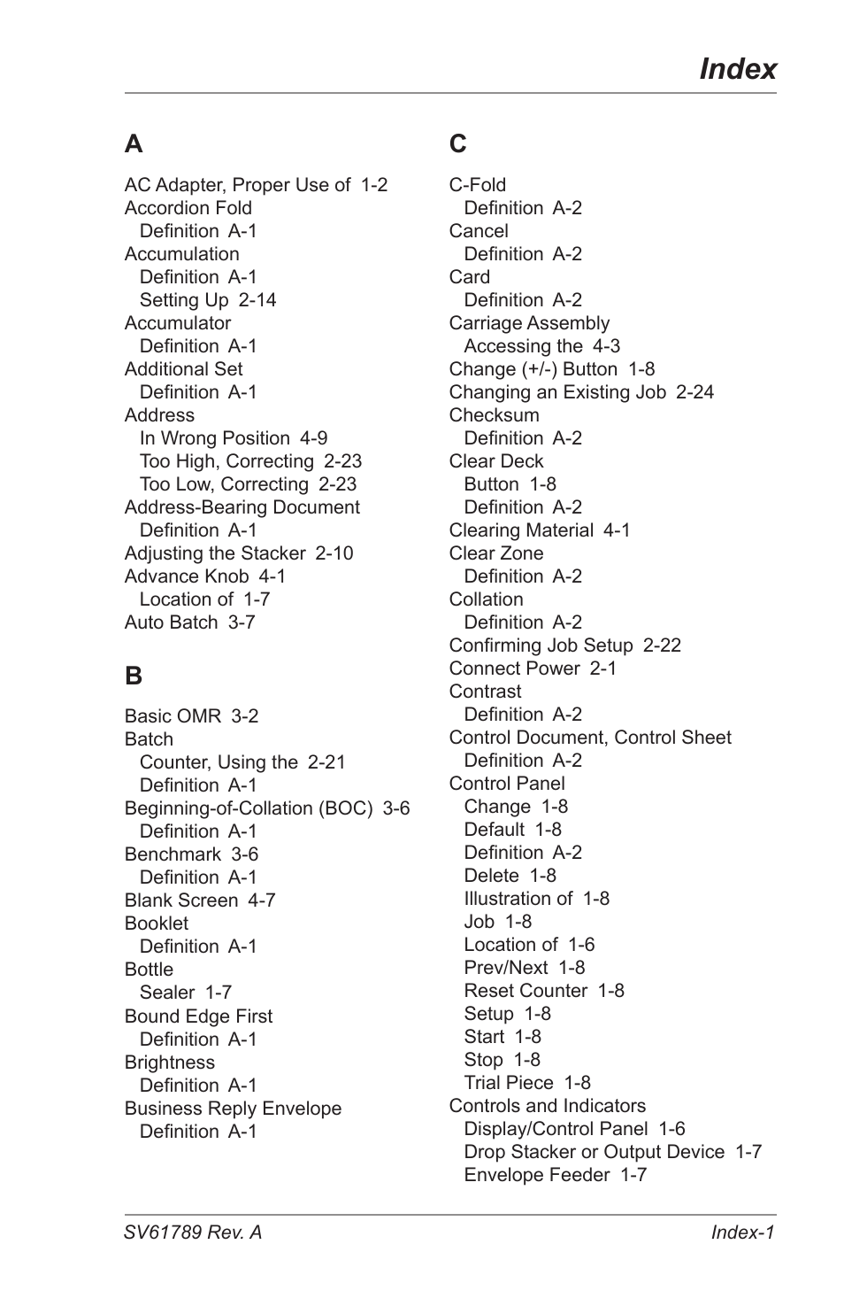 Index | Pitney Bowes DI380 OfficeRight Systems User Manual | Page 95 / 104