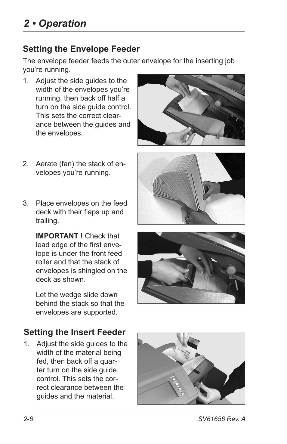 2 • operation, Setting the envelope feeder, Setting the insert feeder | Pitney Bowes DI425 FastPac Inserting Systems User Manual | Page 22 / 100