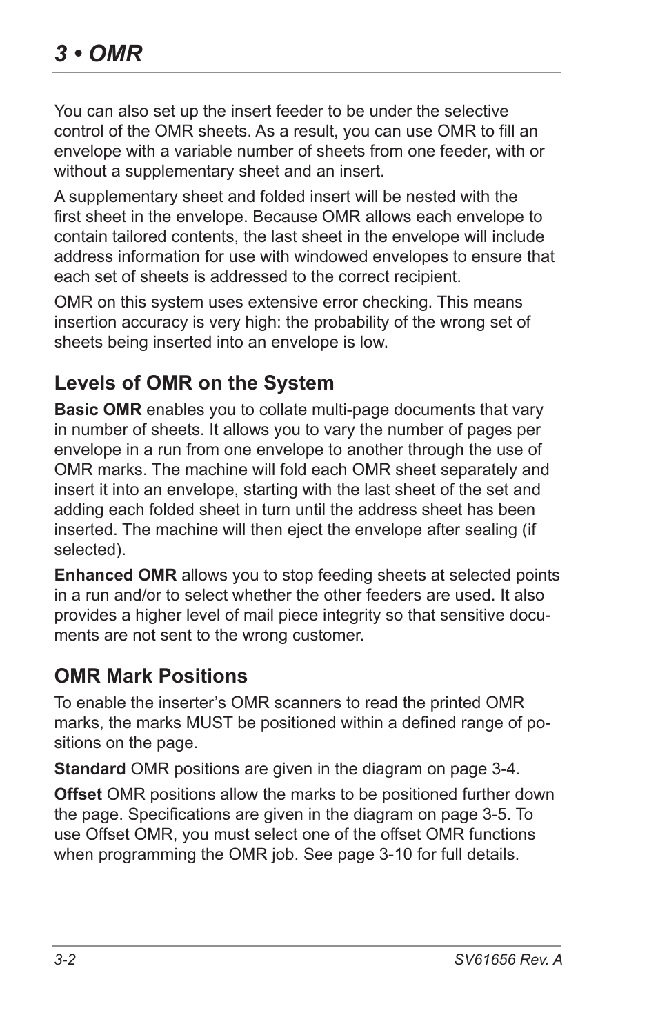 3 • omr, Levels of omr on the system, Omr mark positions | Pitney Bowes DI425 FastPac Inserting Systems User Manual | Page 40 / 100