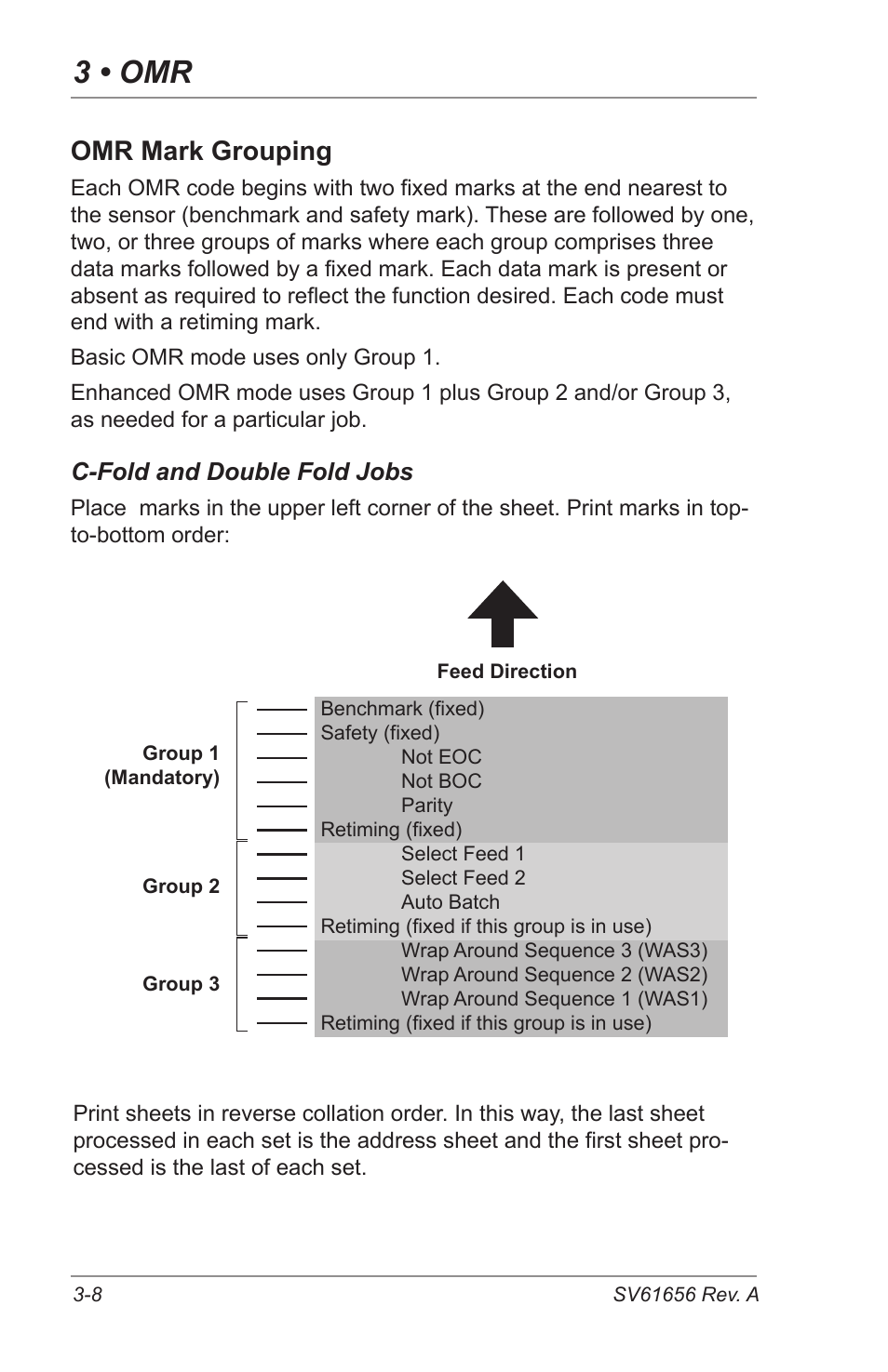 3 • omr, Omr mark grouping, C-fold and double fold jobs | Pitney Bowes DI425 FastPac Inserting Systems User Manual | Page 46 / 100