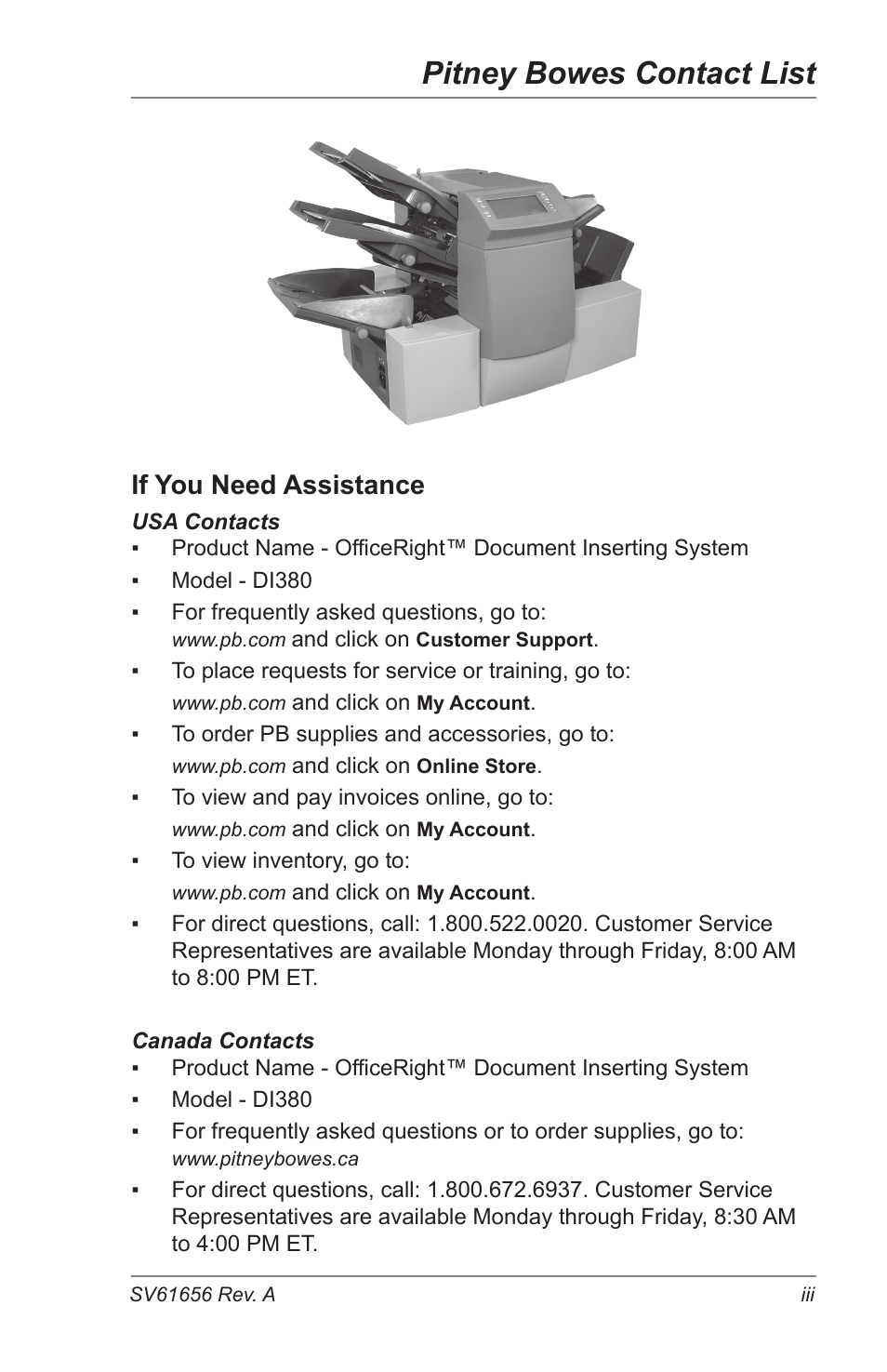 Pitney Bowes DI425 FastPac Inserting Systems User Manual | Page 5 / 100