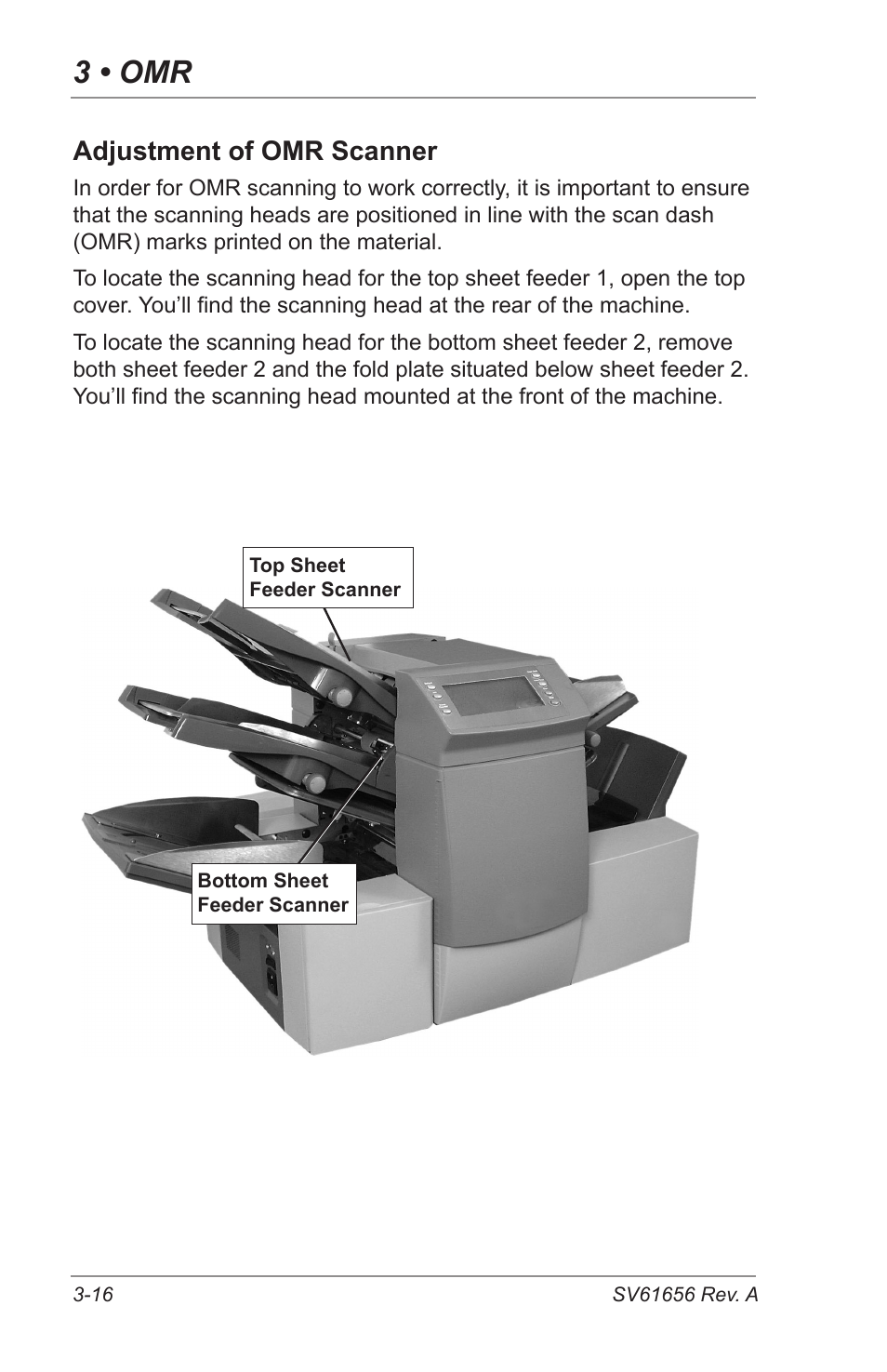 3 • omr, Adjustment of omr scanner | Pitney Bowes DI425 FastPac Inserting Systems User Manual | Page 54 / 100