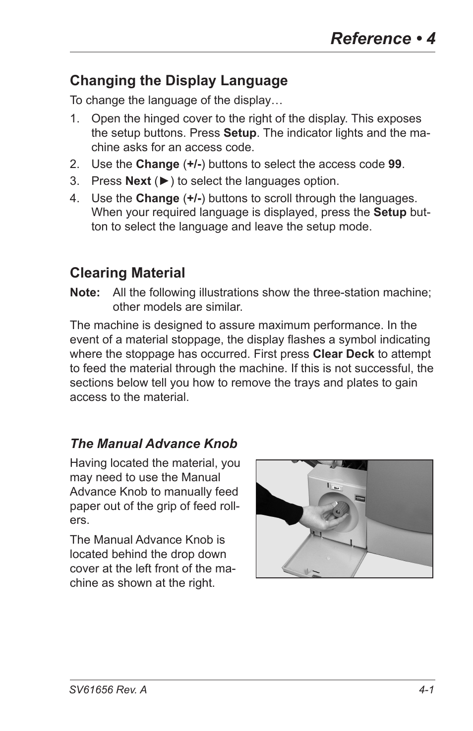 Reference, Reference • 4, Changing the display language | Clearing material | Pitney Bowes DI425 FastPac Inserting Systems User Manual | Page 59 / 100