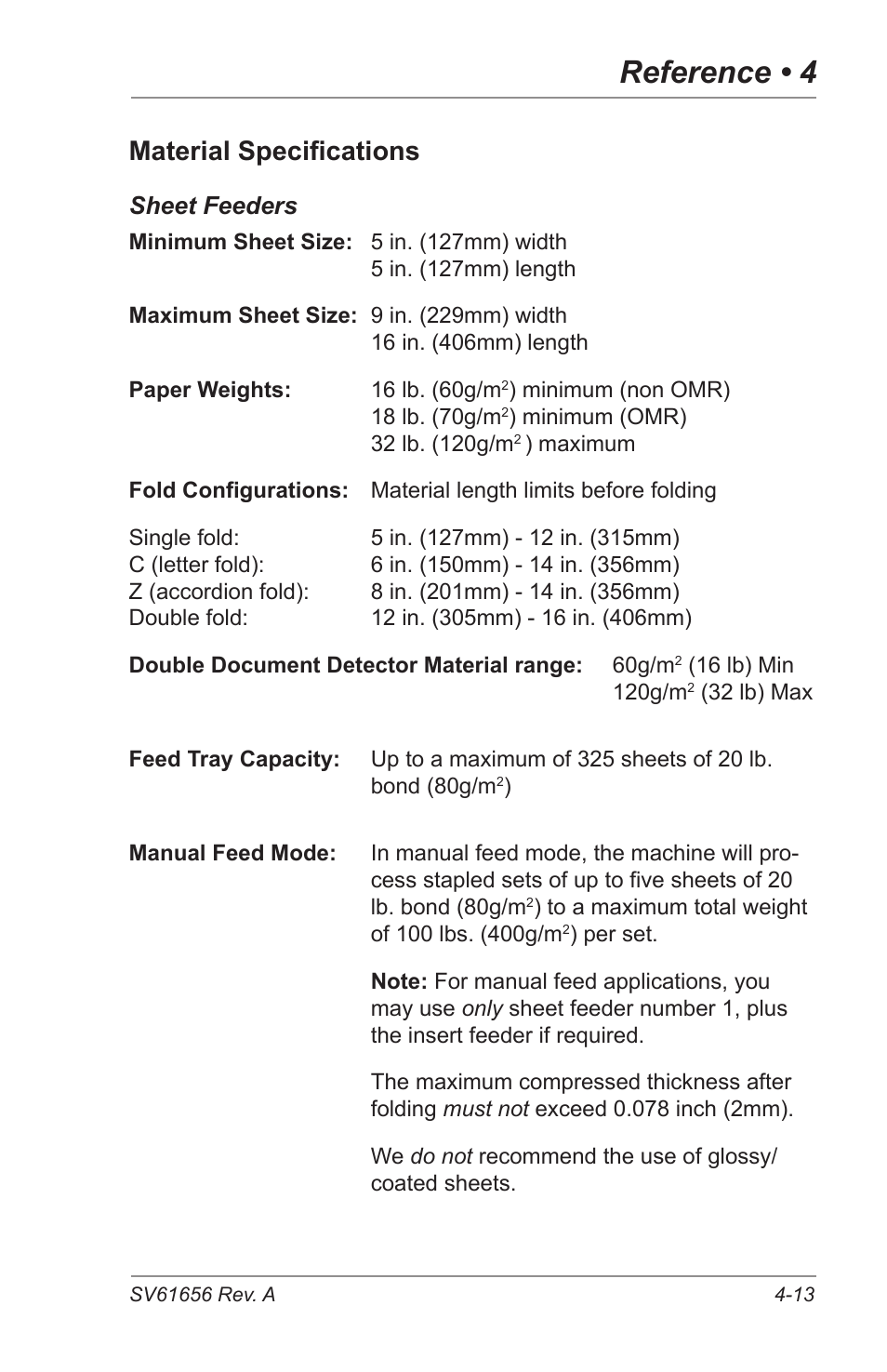 Reference • 4, Material specifications | Pitney Bowes DI425 FastPac Inserting Systems User Manual | Page 71 / 100