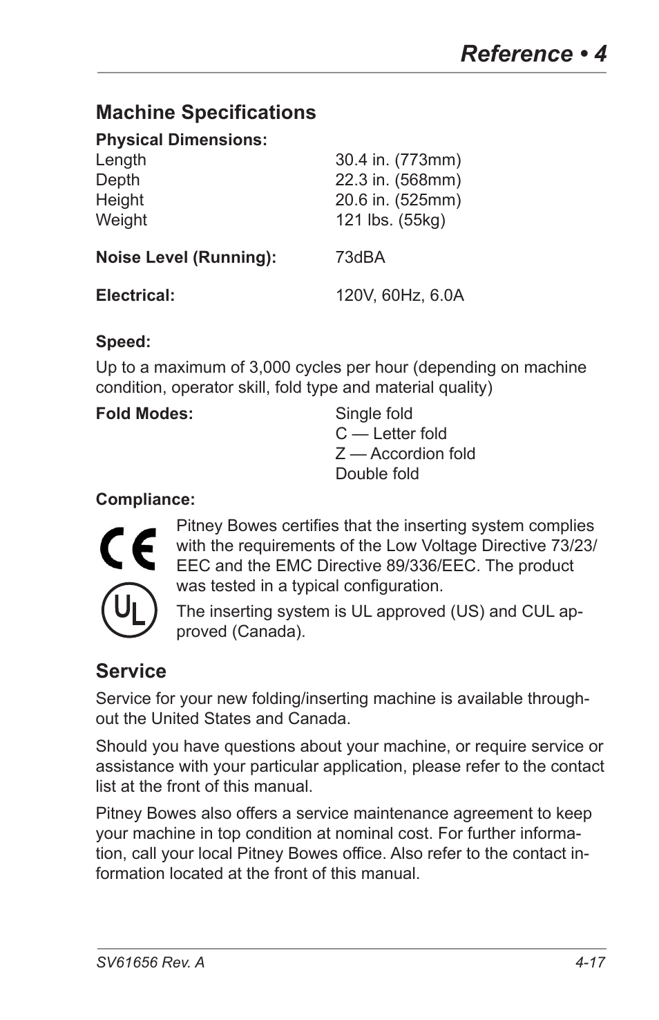 Reference • 4, Machine specifications, Service | Pitney Bowes DI425 FastPac Inserting Systems User Manual | Page 75 / 100
