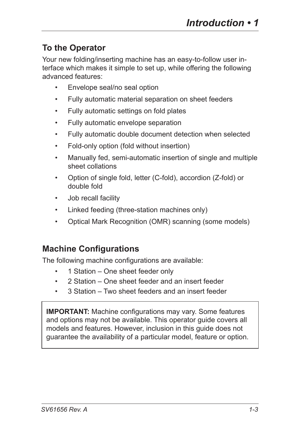 Introduction • 1, Machine configurations | Pitney Bowes DI425 FastPac Inserting Systems User Manual | Page 9 / 100