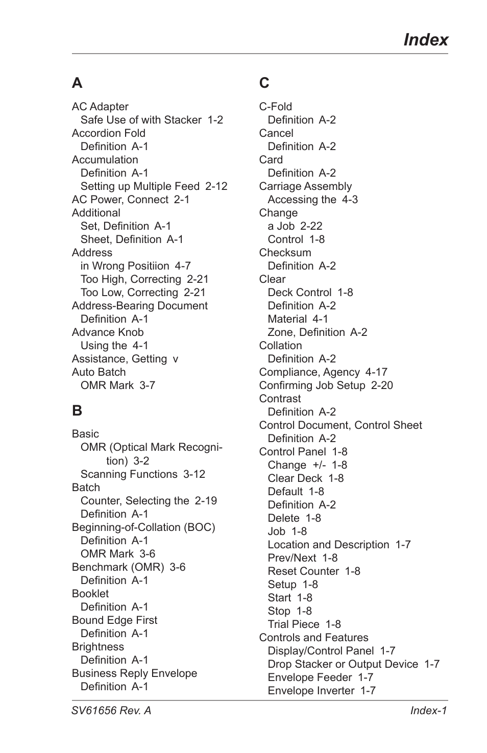 Index | Pitney Bowes DI425 FastPac Inserting Systems User Manual | Page 91 / 100