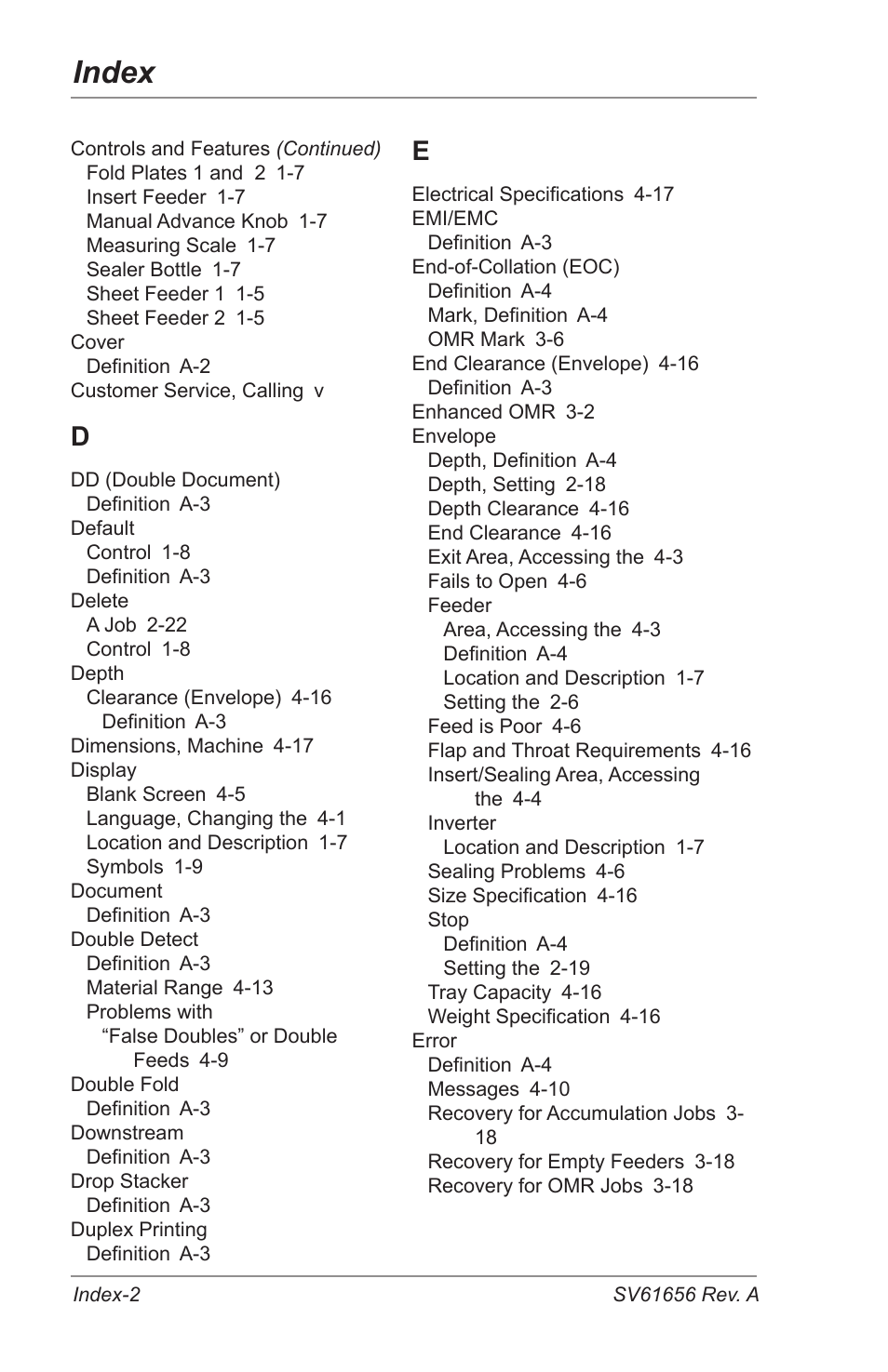 Index | Pitney Bowes DI425 FastPac Inserting Systems User Manual | Page 92 / 100