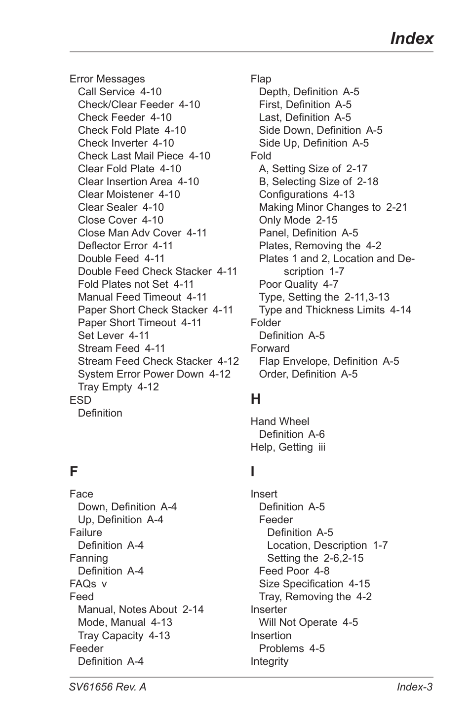 Index | Pitney Bowes DI425 FastPac Inserting Systems User Manual | Page 93 / 100