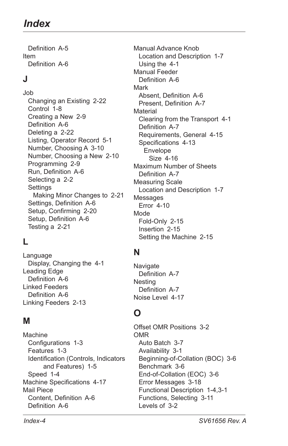 Index | Pitney Bowes DI425 FastPac Inserting Systems User Manual | Page 94 / 100