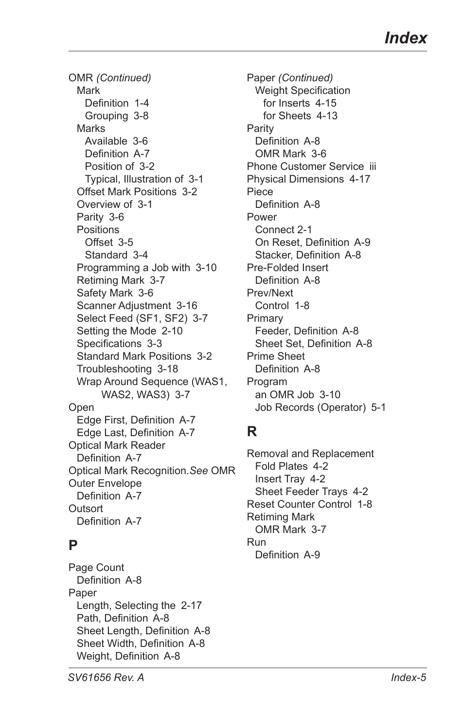 Index | Pitney Bowes DI425 FastPac Inserting Systems User Manual | Page 95 / 100