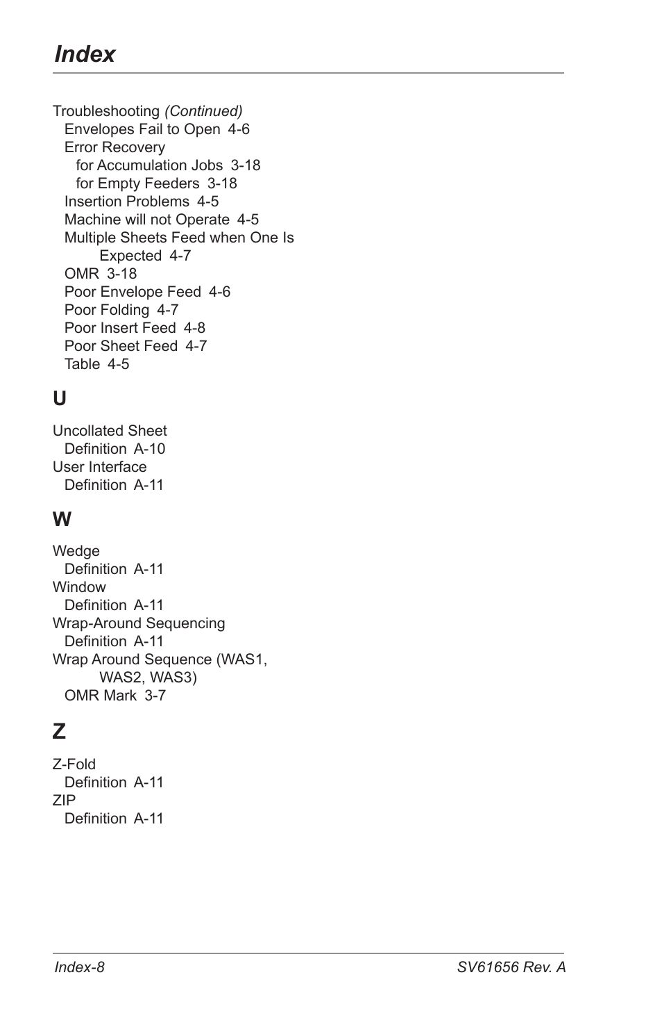 Index | Pitney Bowes DI425 FastPac Inserting Systems User Manual | Page 98 / 100