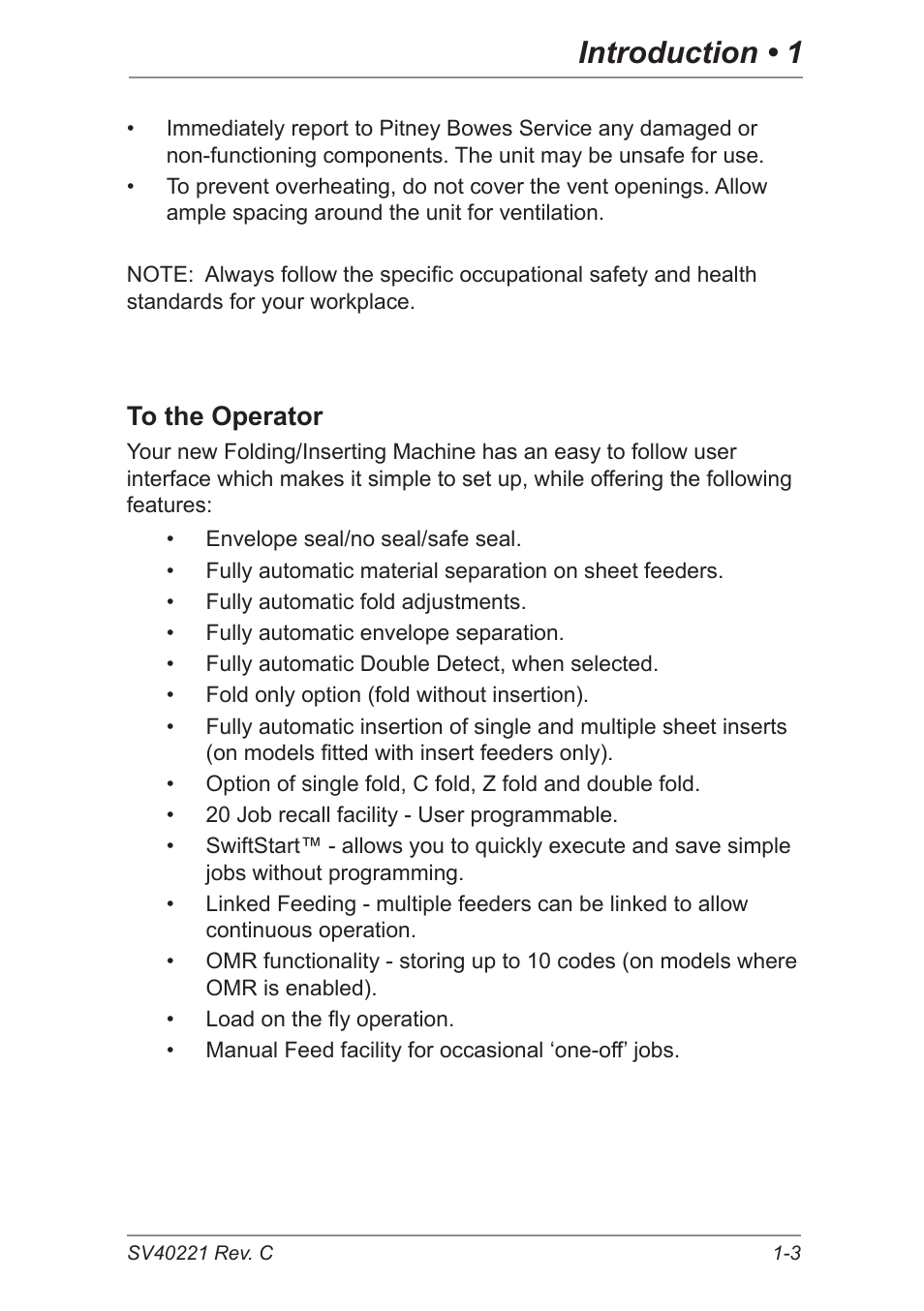 To the operator, Introduction • 1 | Pitney Bowes DI600 Inserting System User Manual | Page 11 / 128