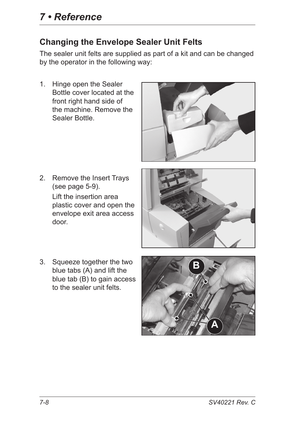 Changing the envelope sealer unit felts, 7 • reference | Pitney Bowes DI600 Inserting System User Manual | Page 112 / 128