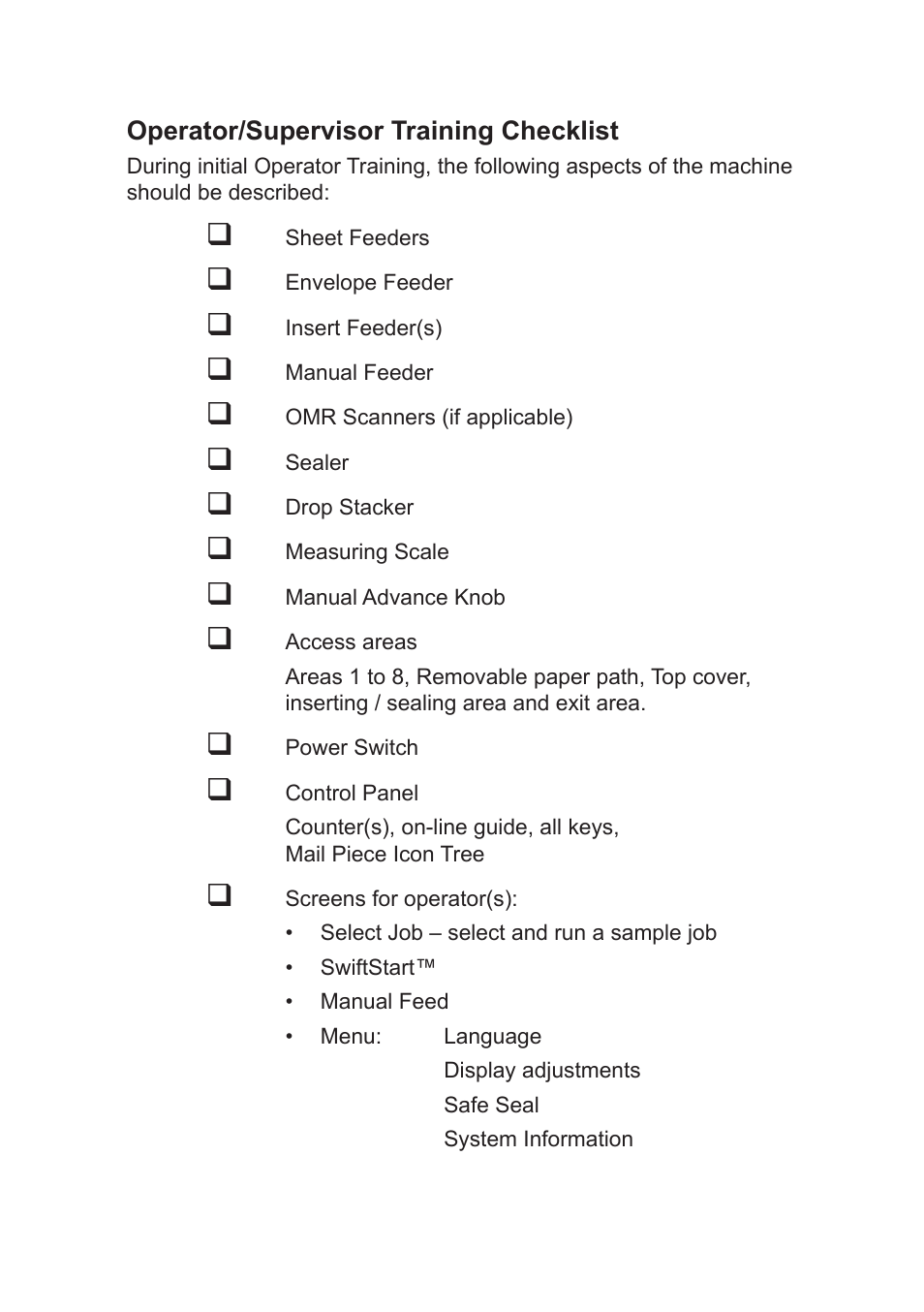 Operator/supervisor training checklist | Pitney Bowes DI600 Inserting System User Manual | Page 115 / 128