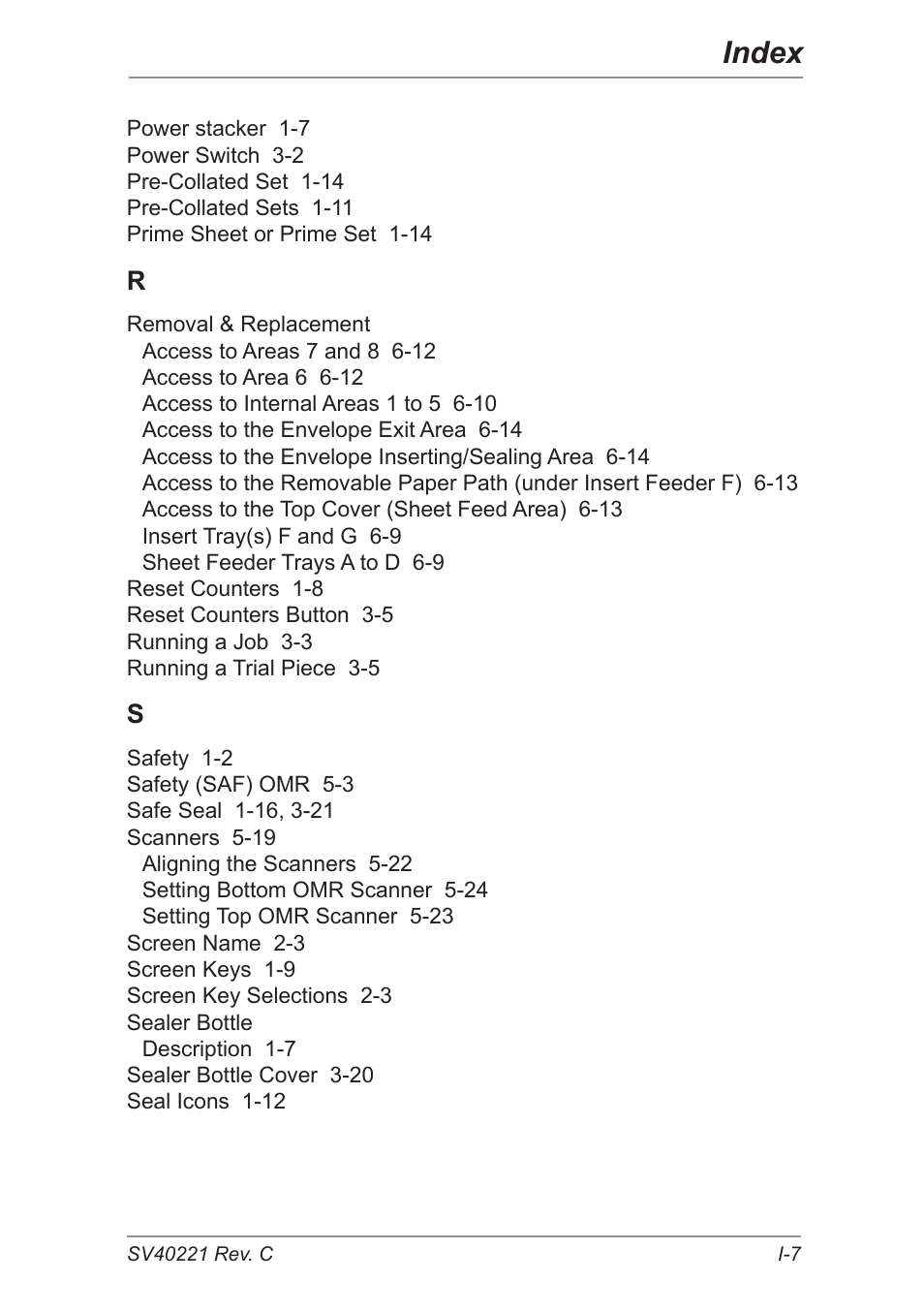 Index | Pitney Bowes DI600 Inserting System User Manual | Page 123 / 128