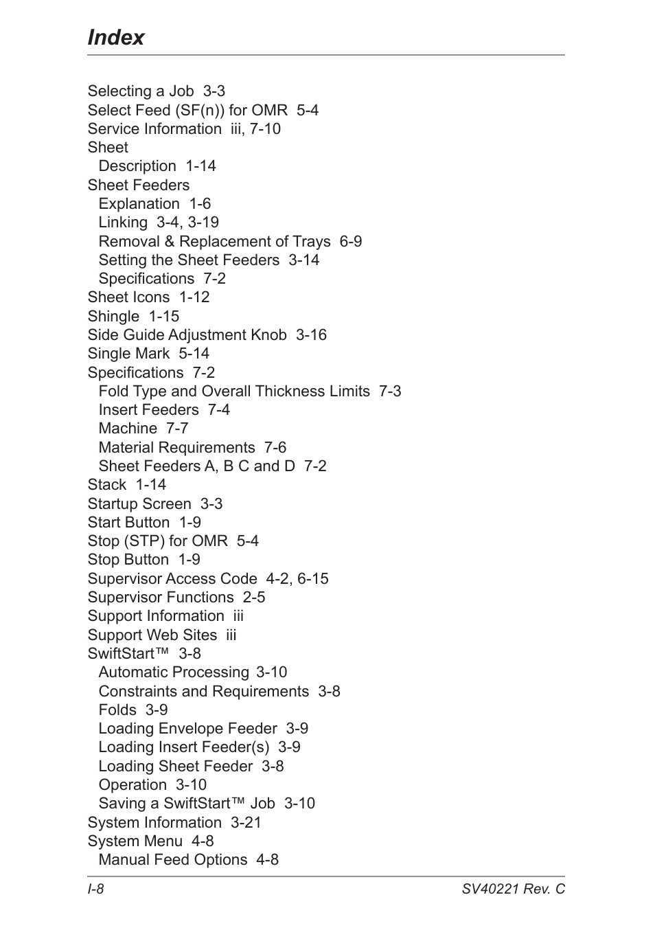 Index | Pitney Bowes DI600 Inserting System User Manual | Page 124 / 128