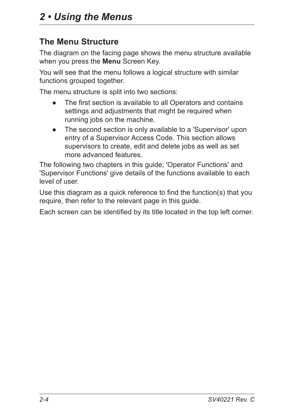 The menu structure, 2 • using the menus | Pitney Bowes DI600 Inserting System User Manual | Page 28 / 128