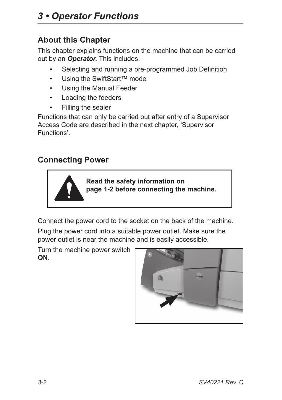 About this chapter, Connecting power, 3 • operator functions | Pitney Bowes DI600 Inserting System User Manual | Page 32 / 128