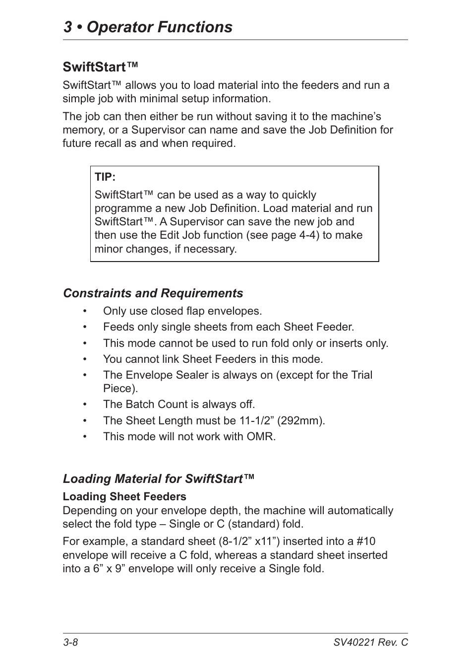 Swiftstart, 3 • operator functions | Pitney Bowes DI600 Inserting System User Manual | Page 38 / 128