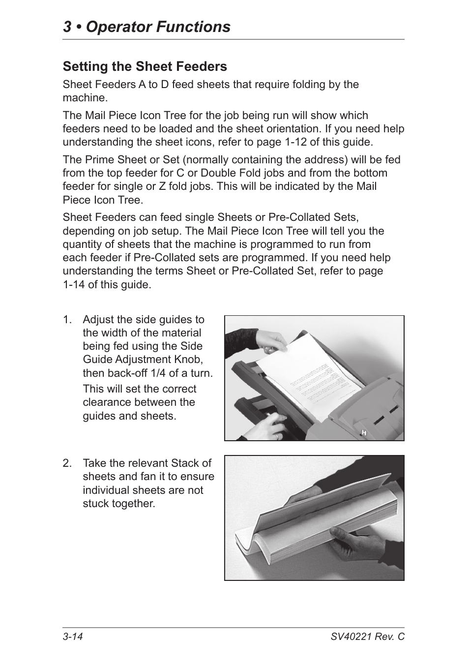 Setting the sheet feeders, 3 • operator functions | Pitney Bowes DI600 Inserting System User Manual | Page 44 / 128
