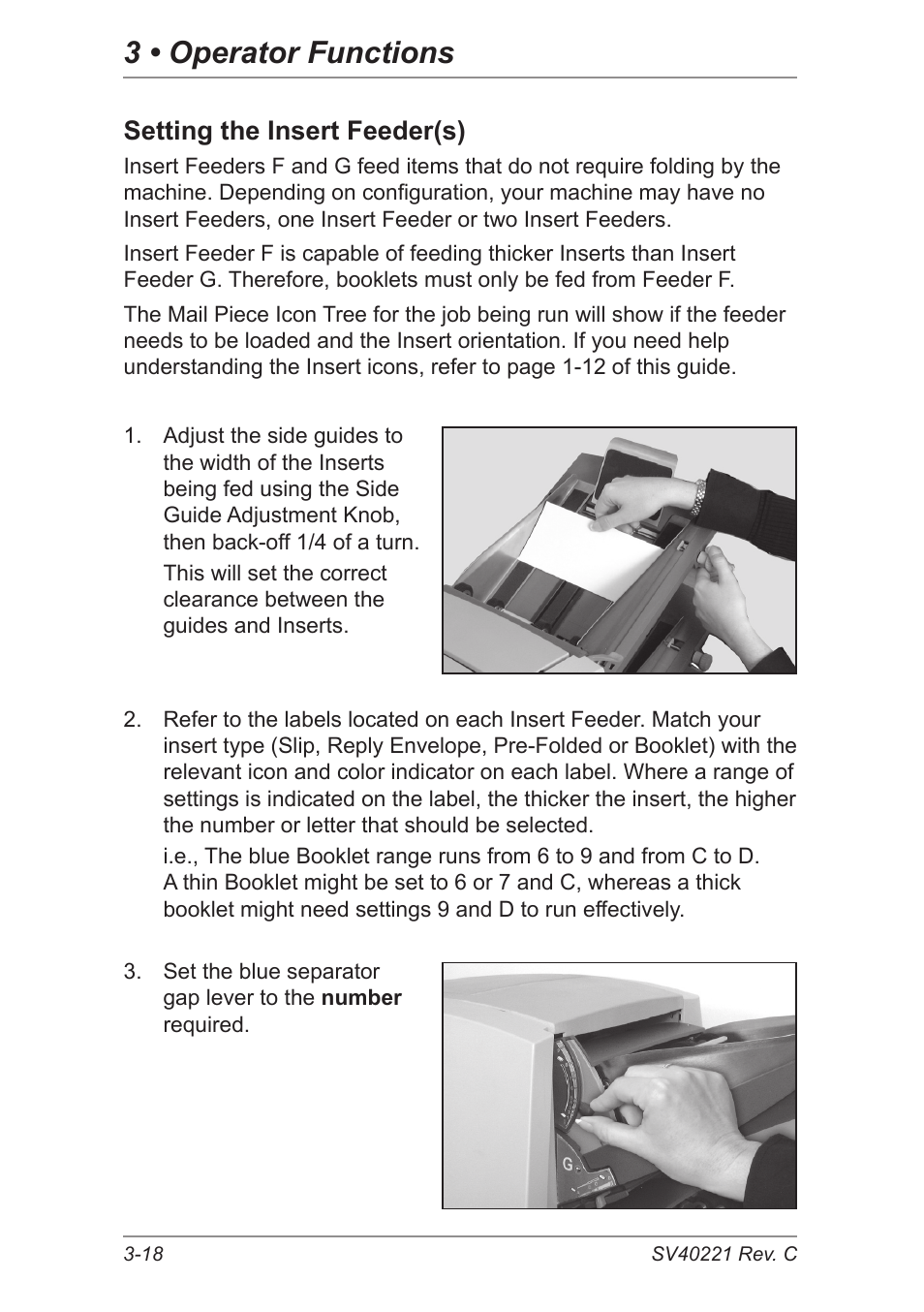 Setting the insert feeder(s), 3 • operator functions | Pitney Bowes DI600 Inserting System User Manual | Page 48 / 128