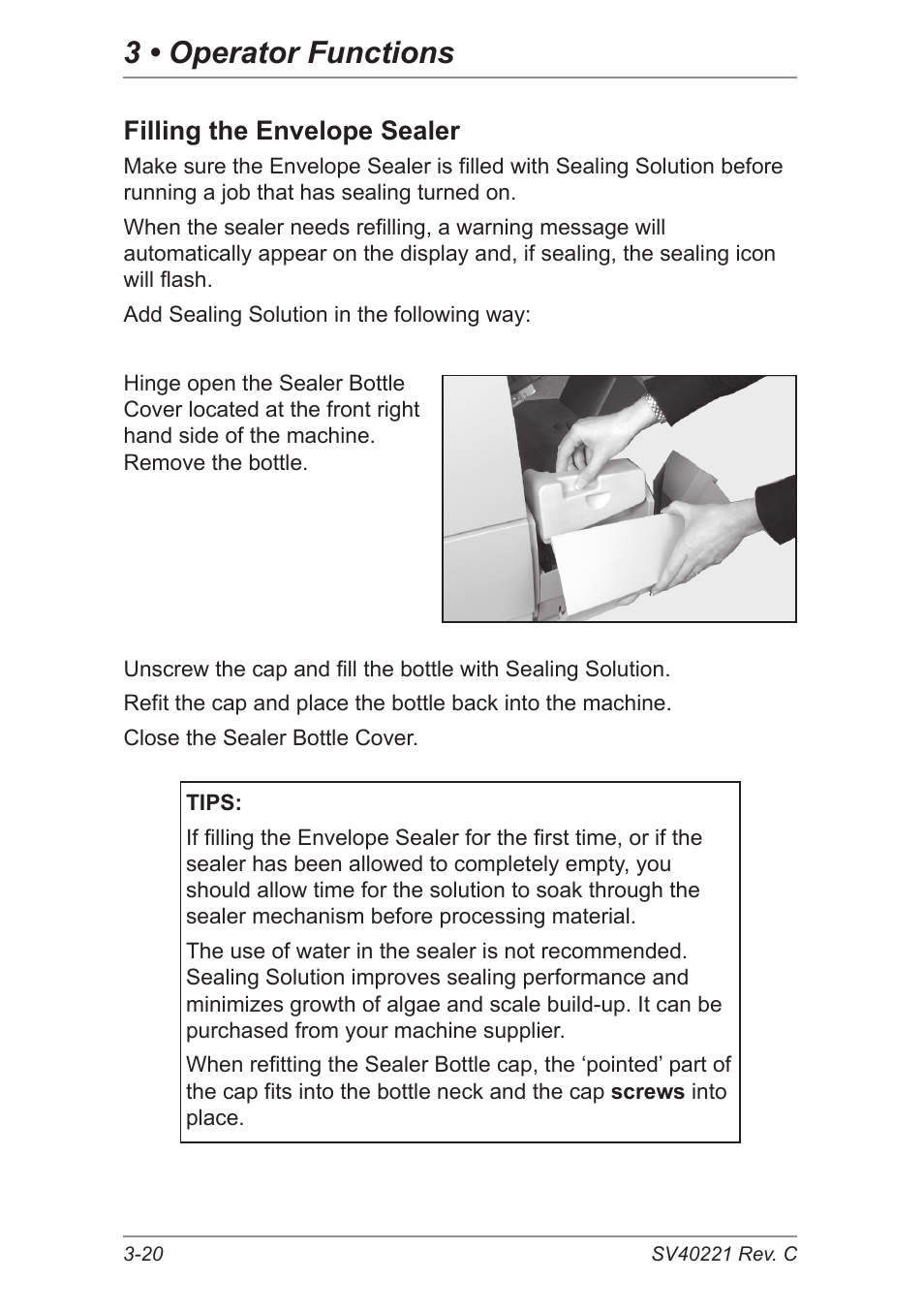 Filling the envelope sealer, 3 • operator functions | Pitney Bowes DI600 Inserting System User Manual | Page 50 / 128