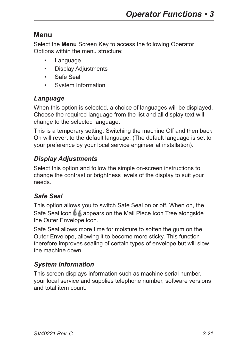 Menu, Operator functions • 3 | Pitney Bowes DI600 Inserting System User Manual | Page 51 / 128