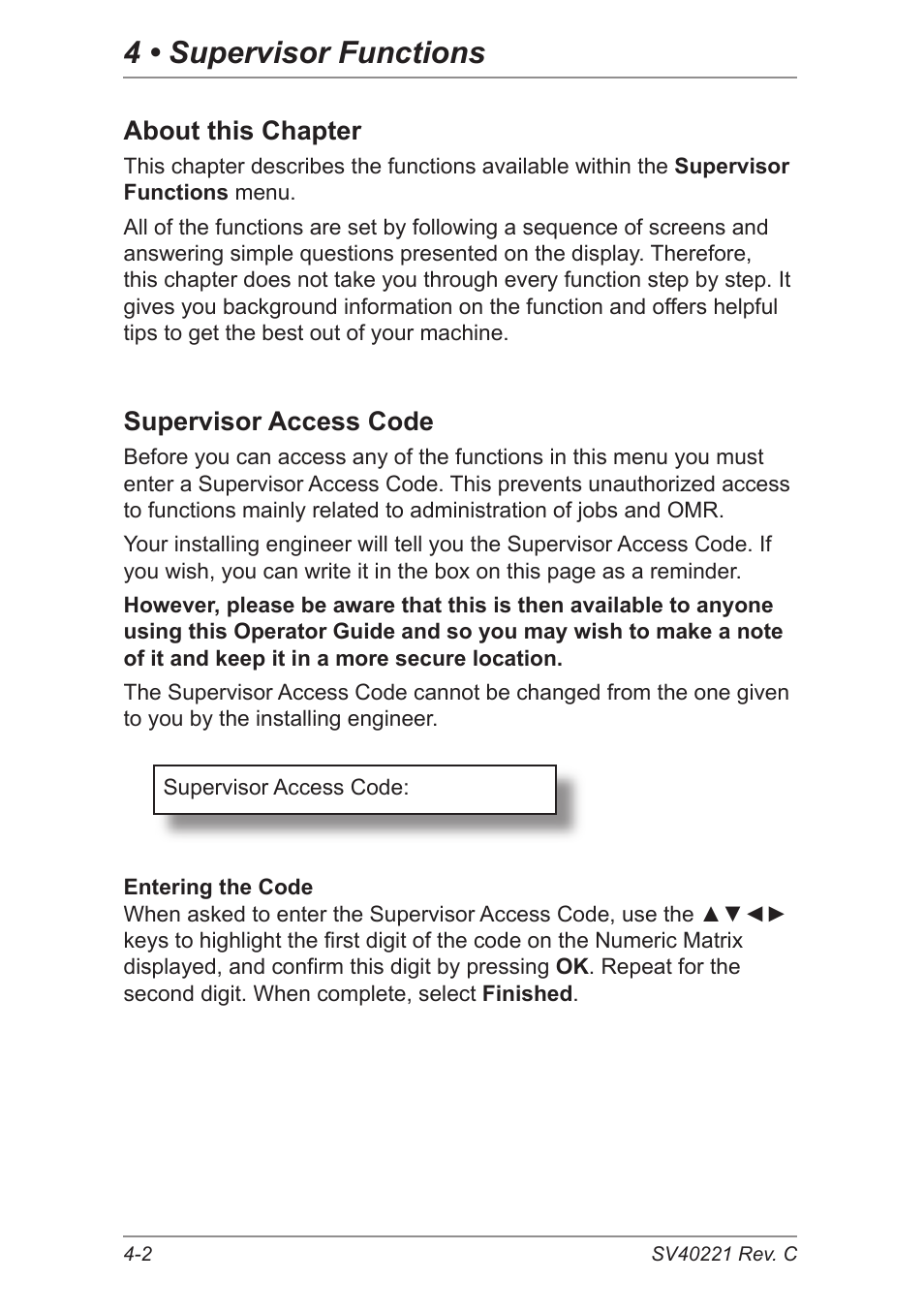 About this chapter, Supervisor access code, 4 • supervisor functions | Pitney Bowes DI600 Inserting System User Manual | Page 54 / 128