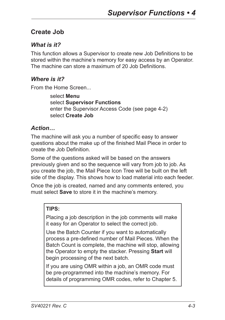 Create job, Supervisor functions • 4 | Pitney Bowes DI600 Inserting System User Manual | Page 55 / 128