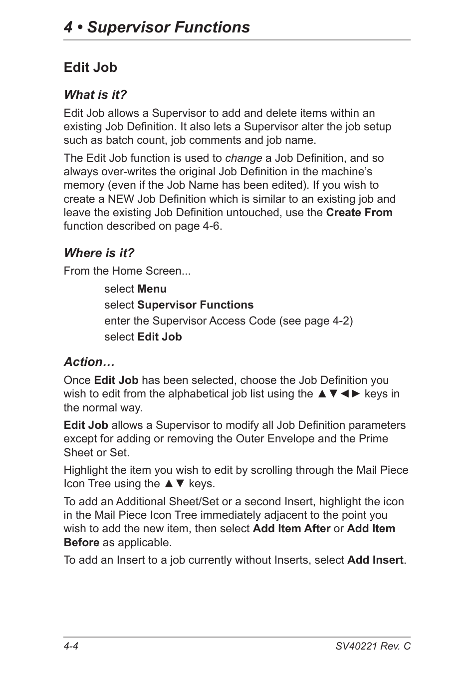 Edit job, 4 • supervisor functions | Pitney Bowes DI600 Inserting System User Manual | Page 56 / 128
