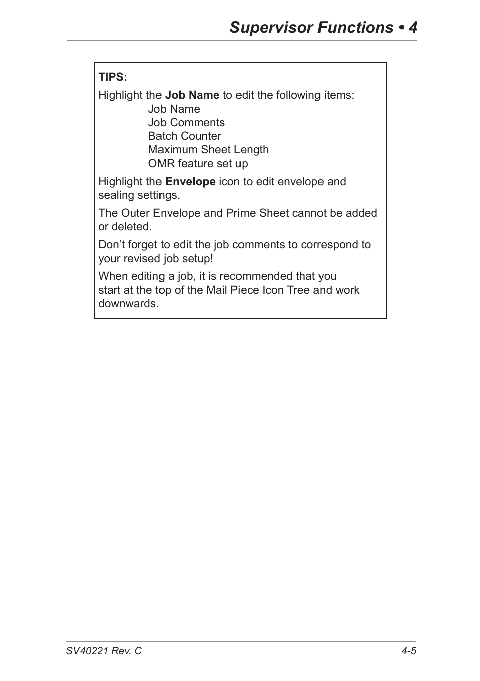 Supervisor functions • 4 | Pitney Bowes DI600 Inserting System User Manual | Page 57 / 128