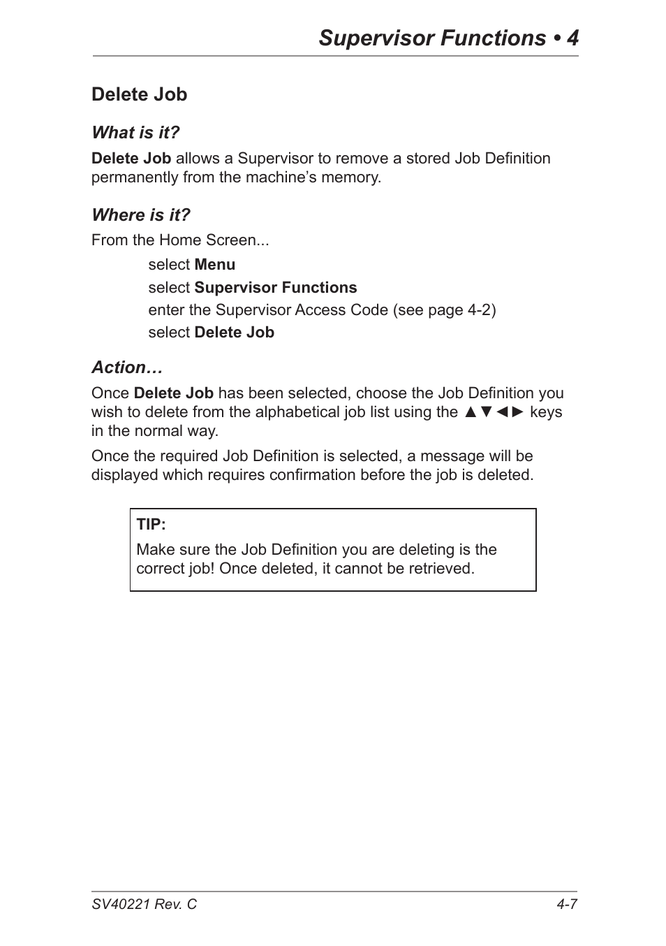 Delete job, Supervisor functions • 4 | Pitney Bowes DI600 Inserting System User Manual | Page 59 / 128
