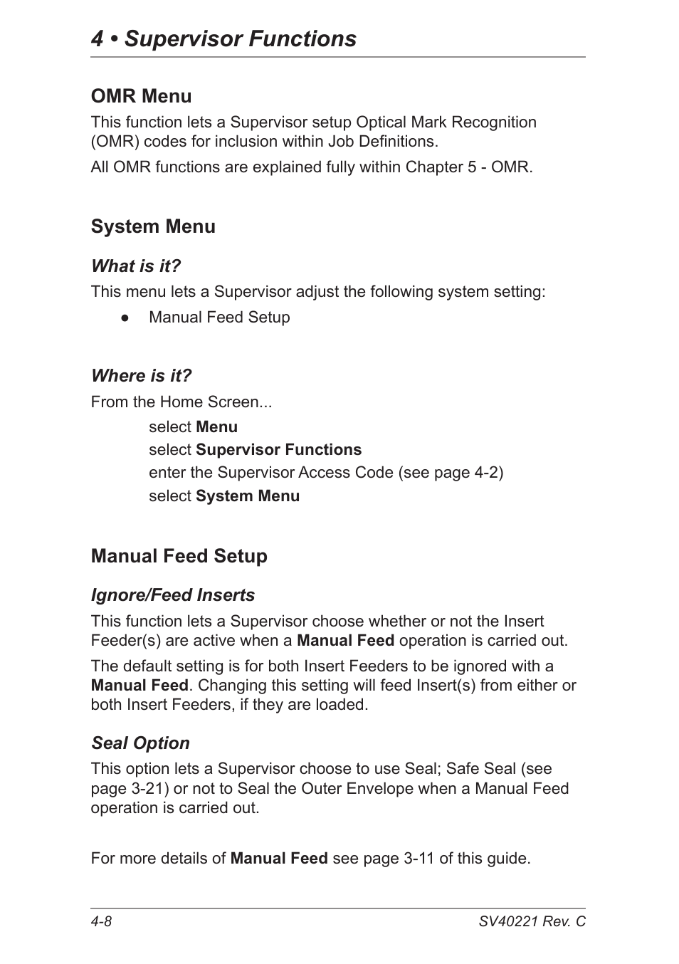 Omr menu, System menu, 4 • supervisor functions | Manual feed setup | Pitney Bowes DI600 Inserting System User Manual | Page 60 / 128