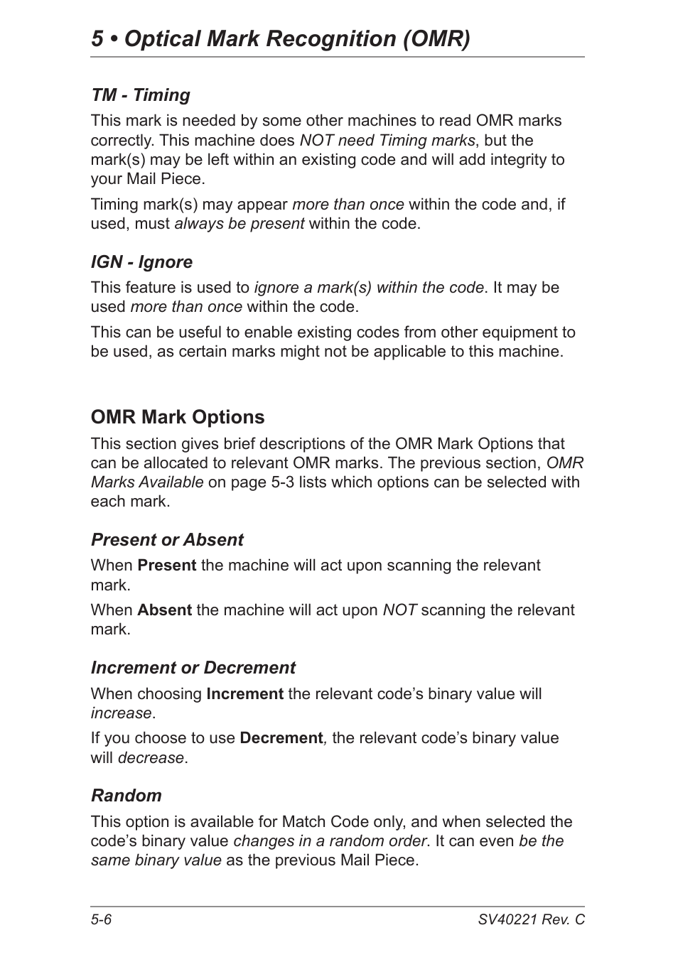 Omr mark options, 5 • optical mark recognition (omr) | Pitney Bowes DI600 Inserting System User Manual | Page 66 / 128