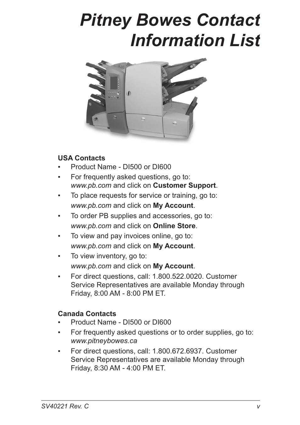 Pitney bowes contact information list, Usa contacts, Canada contacts | Pitney Bowes DI600 Inserting System User Manual | Page 7 / 128